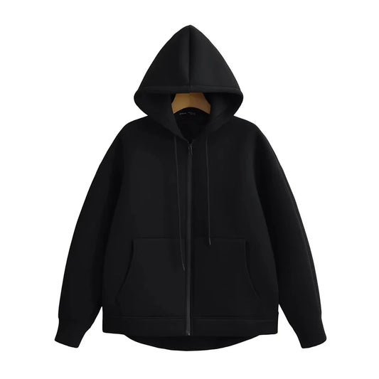 Winter New Women'S Zipper Hoodie High Street Unisex Style Double Pockets Oversize Loose Sweatshirts Outerwear Top