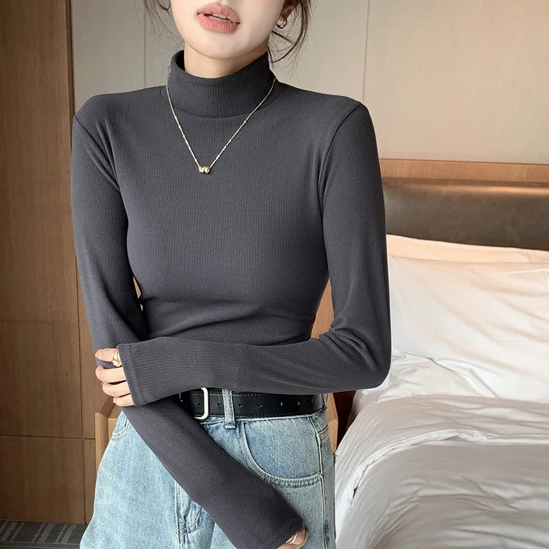 Sous-pull femme col roulé – haut manches longues slim fit, maille douce et chaude, top basique d’hiver pour superposition