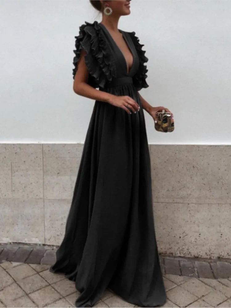 Robe de soirée femme 2025 – décolleté plongeant, manches volantes, taille haute plissée et coupe longue élégante