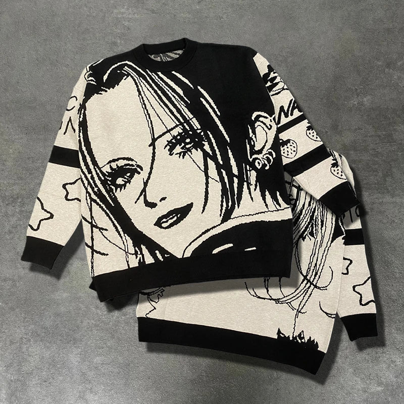 Pull oversize unisexe – sweat tricoté col rond, motif cartoon tendance, style hip-hop ample pour automne & hiver