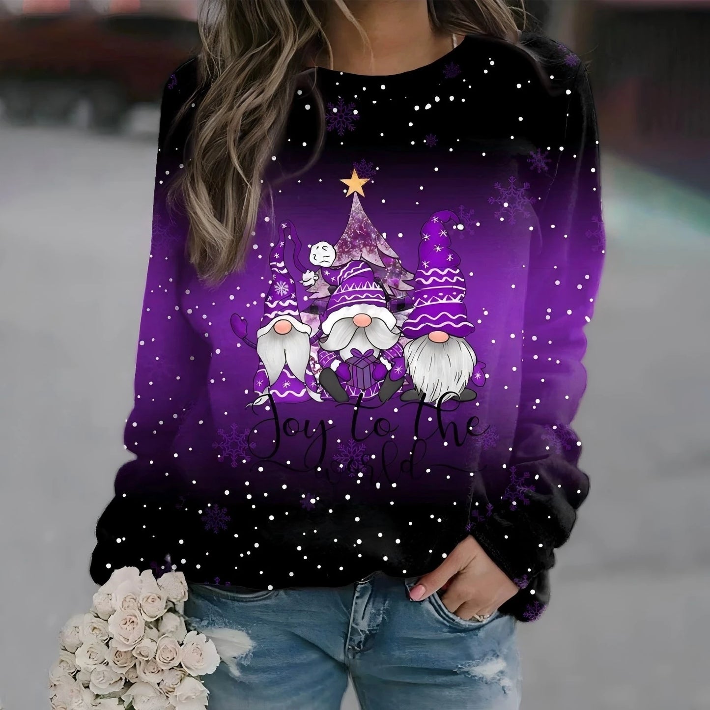 T-shirt femme Noël manches longues – sweatshirt imprimé 3D bonhomme de neige, haut festif streetwear pour hiver & fêtes