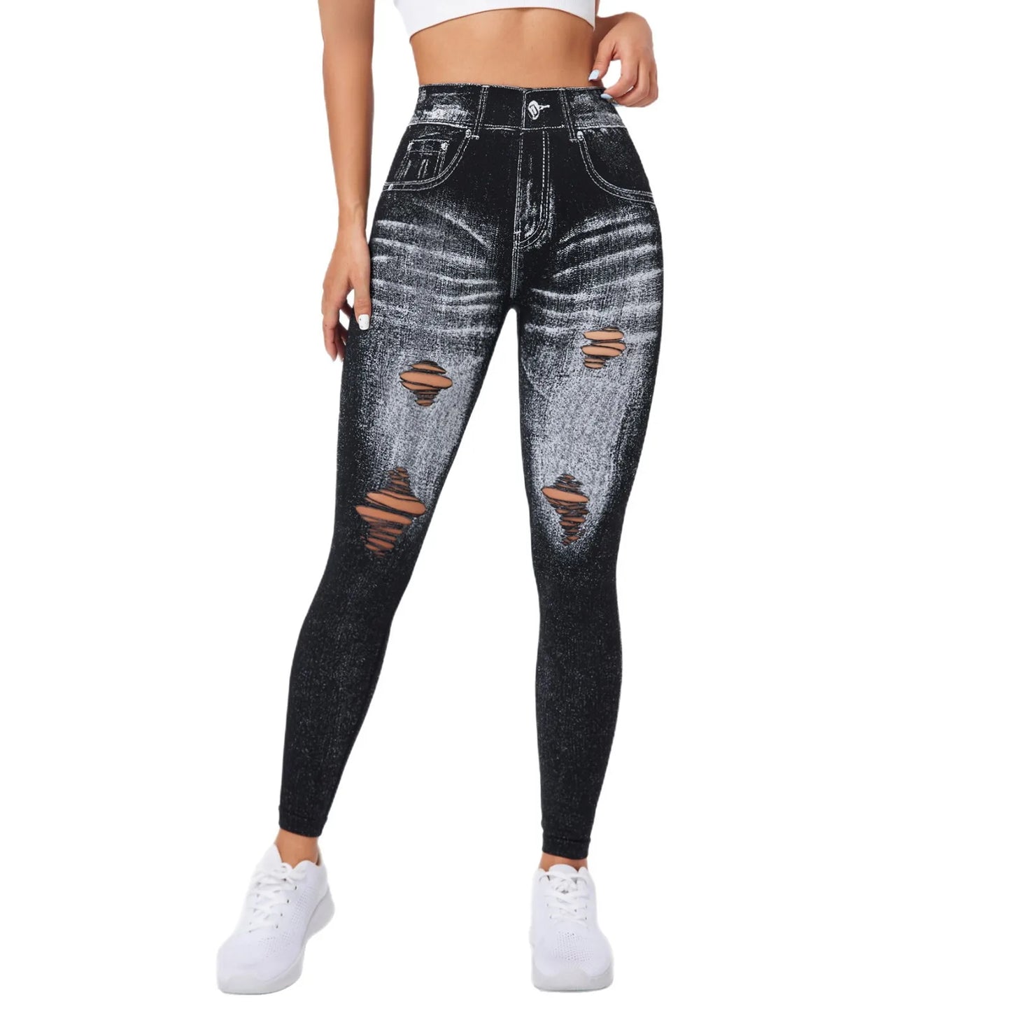 Legging femme imitation jean – taille haute, effet push-up, extensible et sans couture, idéal pour le yoga, le fitness et le quotidien