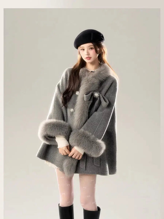 Manteau hiver femme vintage gris – coupe oversize, capuche chaude, style coréen chic, manteau laine décontracté & élégant