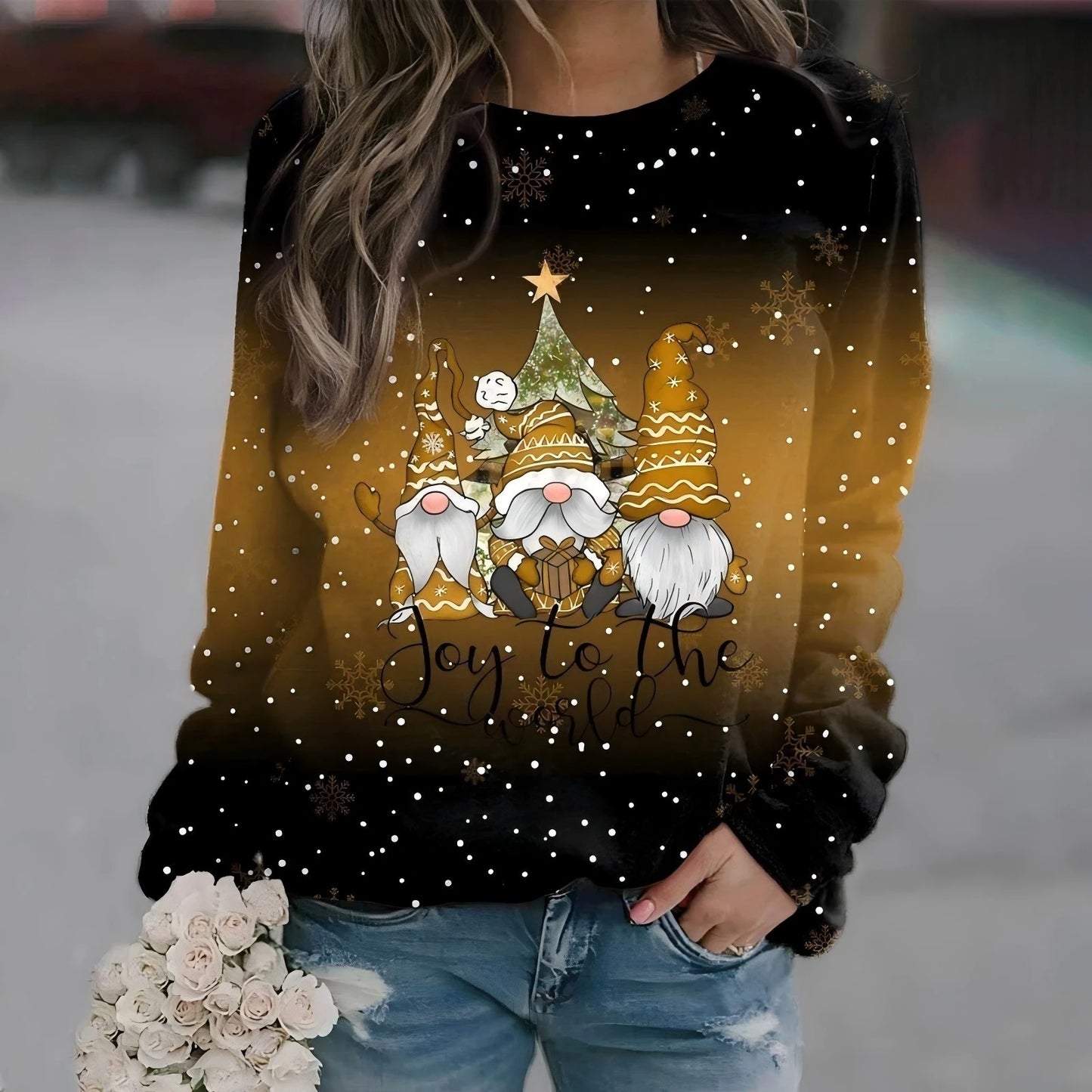 T-shirt femme Noël manches longues – sweatshirt imprimé 3D bonhomme de neige, haut festif streetwear pour hiver & fêtes