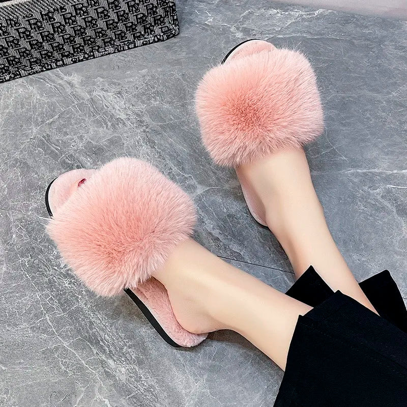 Chaussons femme fourrure – pantoufles d’hiver douces et chaudes, semelle plate confort, chaussures d’intérieur cosy en fausse fourrure