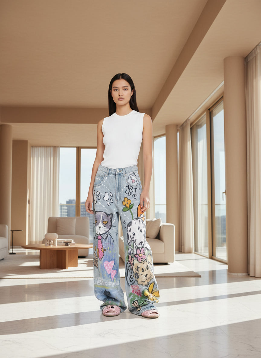 Jean baggy femme Y2K – jean large droit vintage, coupe loose high street avec imprimés doodle, style américain casual