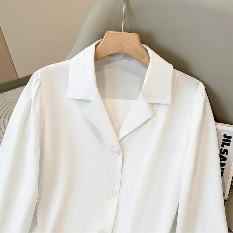 Chemise femme grande taille – blouse blanche élégante col V, tenue professionnelle chic pour bureau & sorties