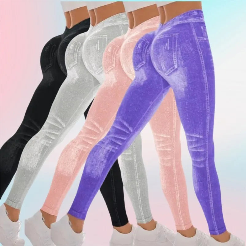 Legging femme imitation jean – taille haute, effet push-up, extensible et sans couture, idéal pour le yoga, le fitness et le quotidien
