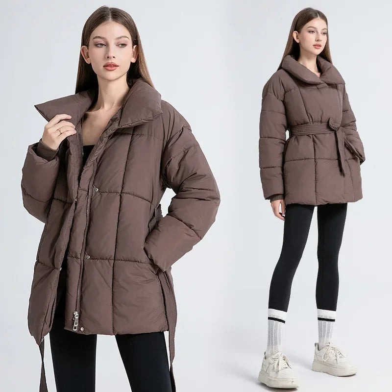 Parka Femme Chaude avec Ceinture – Veste Épaisse, Zippée & Col Revers | Manteau Long Casual Hiver & Automne