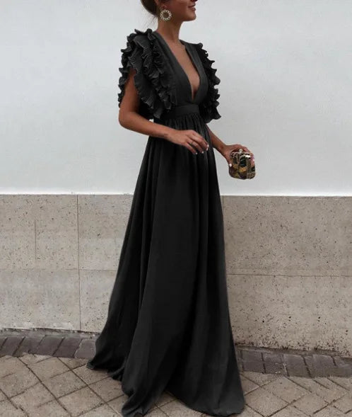 Robe de soirée femme 2025 – décolleté plongeant, manches volantes, taille haute plissée et coupe longue élégante