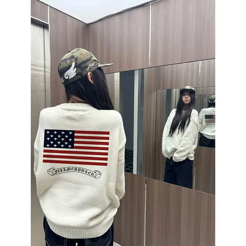 Pull oversize femme Y2K – sweater brodé drapeau américain, style vintage automne/hiver, maille chaude manches longues