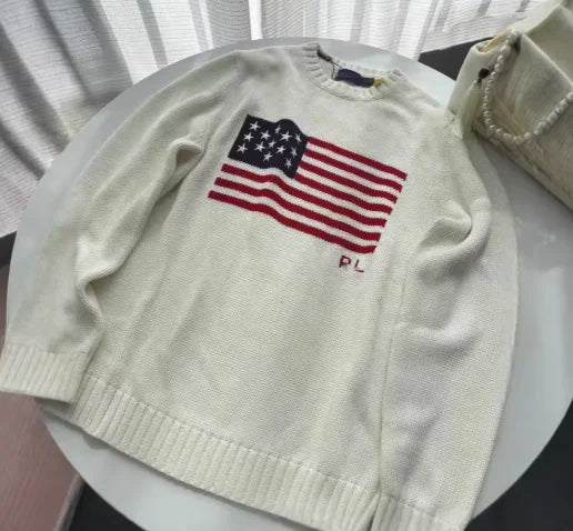 Pull oversize femme Y2K – sweater brodé drapeau américain, style vintage automne/hiver, maille chaude manches longues