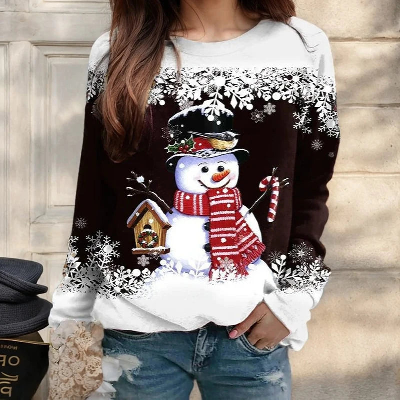 T-shirt femme Noël manches longues – sweatshirt imprimé 3D bonhomme de neige, haut festif streetwear pour hiver & fêtes
