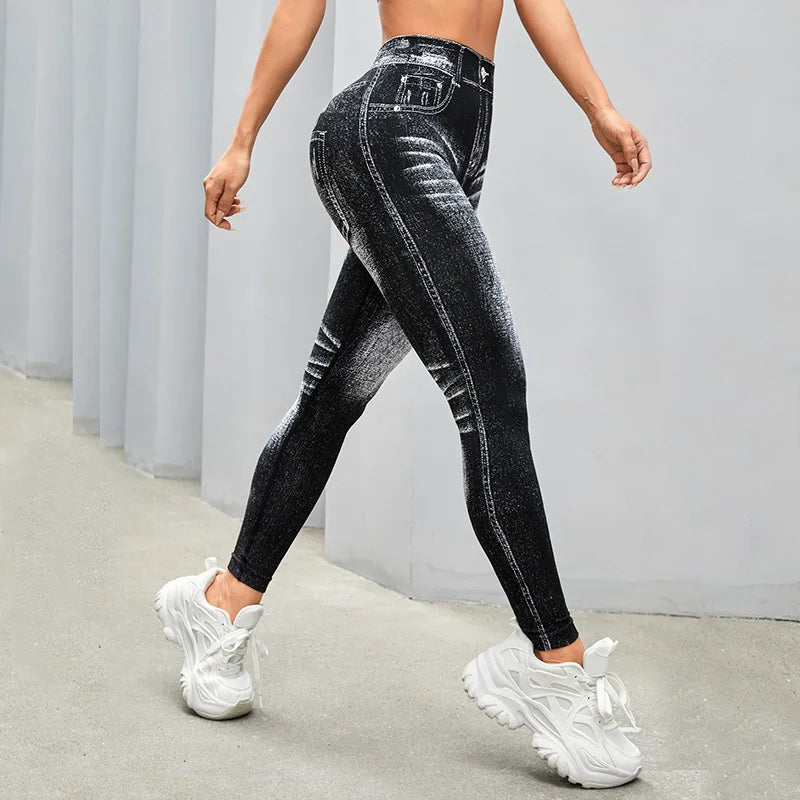 Legging femme imitation jean – taille haute, effet push-up, extensible et sans couture, idéal pour le yoga, le fitness et le quotidien