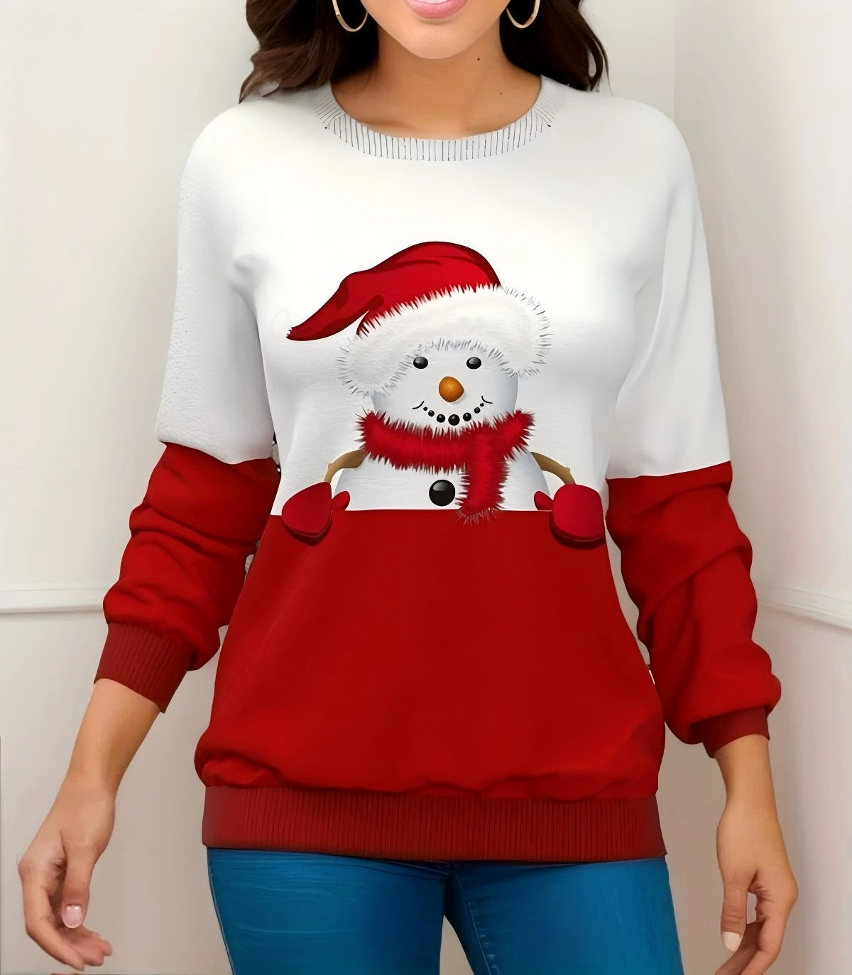 T-shirt femme Noël manches longues – sweatshirt imprimé 3D bonhomme de neige, haut festif streetwear pour hiver & fêtes