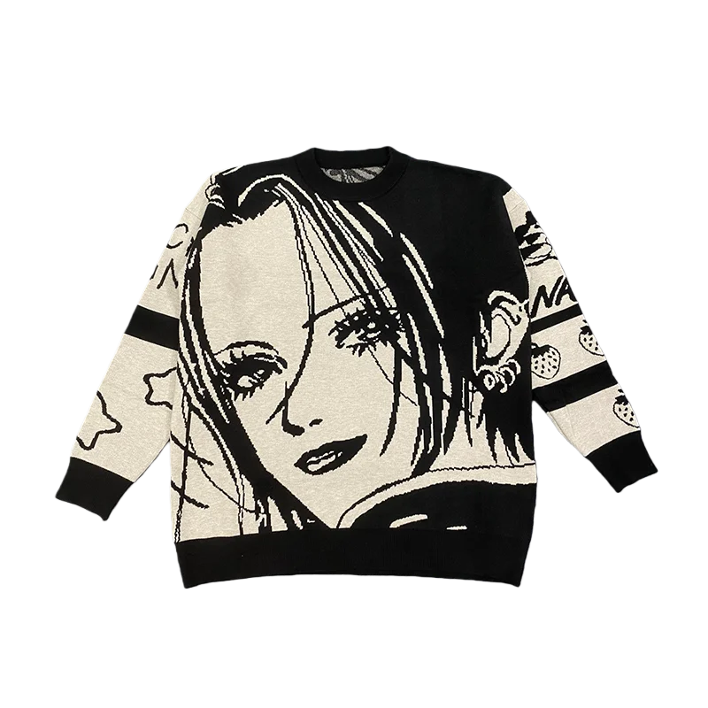 Pull oversize unisexe – sweat tricoté col rond, motif cartoon tendance, style hip-hop ample pour automne & hiver