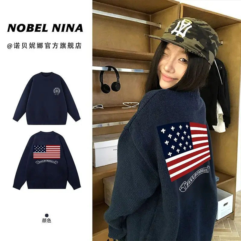 Pull oversize femme Y2K – sweater brodé drapeau américain, style vintage automne/hiver, maille chaude manches longues