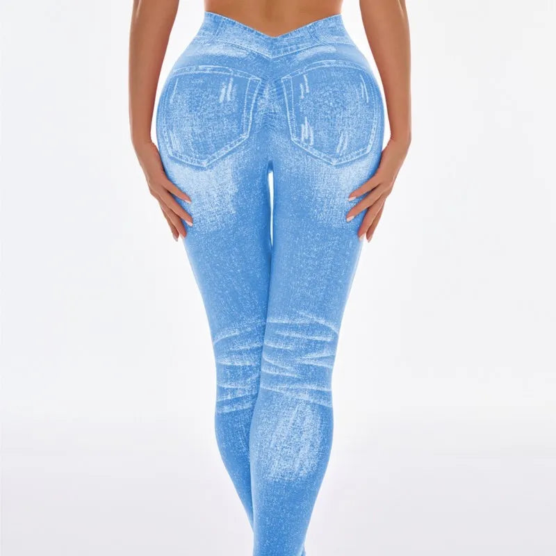Legging femme imitation jean – taille haute, effet push-up, extensible et sans couture, idéal pour le yoga, le fitness et le quotidien