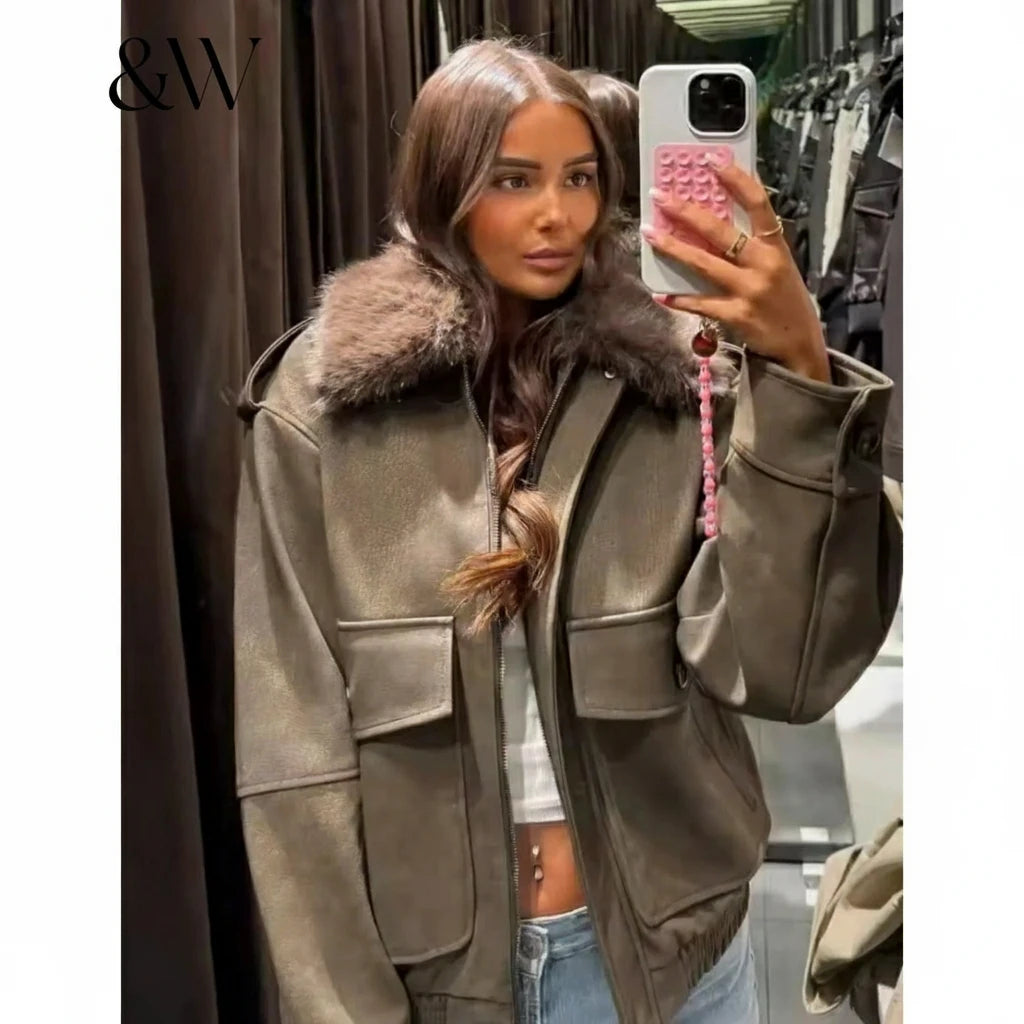 Veste femme imitation daim – veste chaude col en fausse fourrure, coupe zippée à revers, veste hiver élégante avec poches