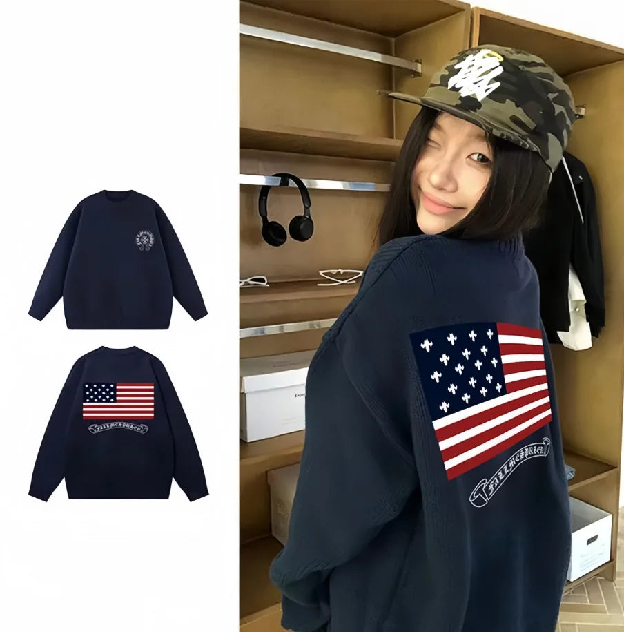 Pull oversize femme Y2K – sweater brodé drapeau américain, style vintage automne/hiver, maille chaude manches longues
