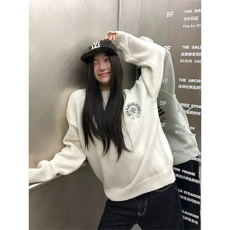 Pull oversize femme Y2K – sweater brodé drapeau américain, style vintage automne/hiver, maille chaude manches longues