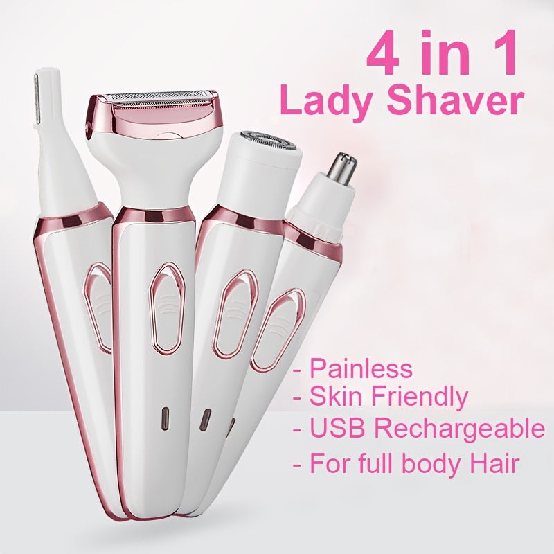 Rasoir électrique femme 4-en-1 – épilateur rechargeable USB, rasage visage, jambes, aisselles & maillot – usage humide et sec