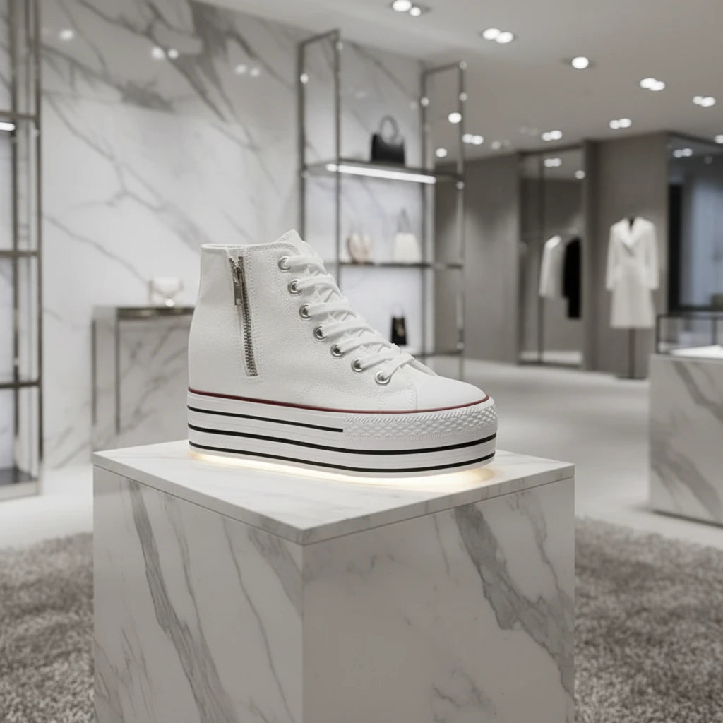 Baskets compensées femme en toile avec semelle épaisse, fermeture zippée, style skateboard polyvalent et confort quotidien.Blanc 