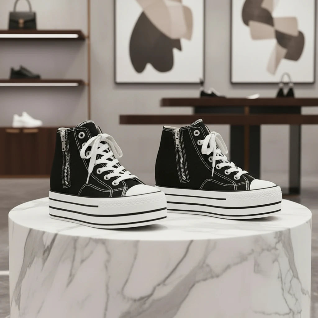 Baskets compensées femme en toile avec semelle épaisse, fermeture zippée, style skateboard polyvalent et confort quotidien.Noir