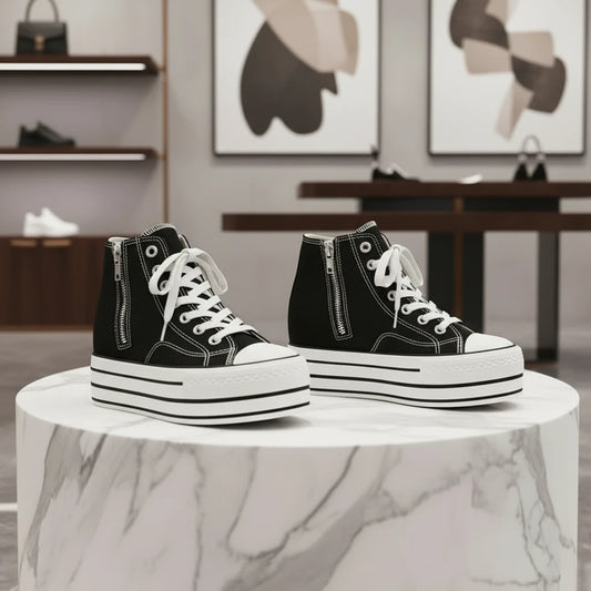 Baskets compensées femme en toile avec semelle épaisse, fermeture zippée, style skateboard polyvalent et confort quotidien.Noir