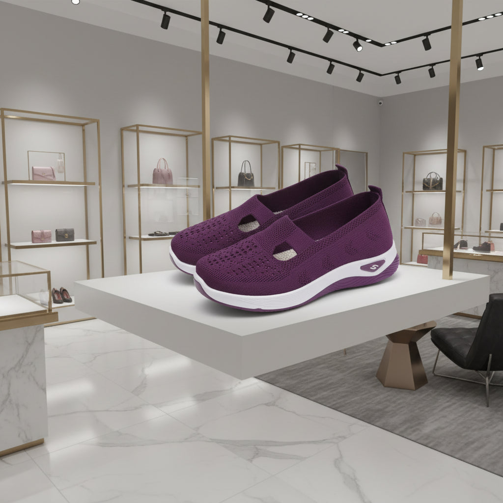 Détail du mesh aéré des sneakers femme, matière respirante et légère.violet foncé