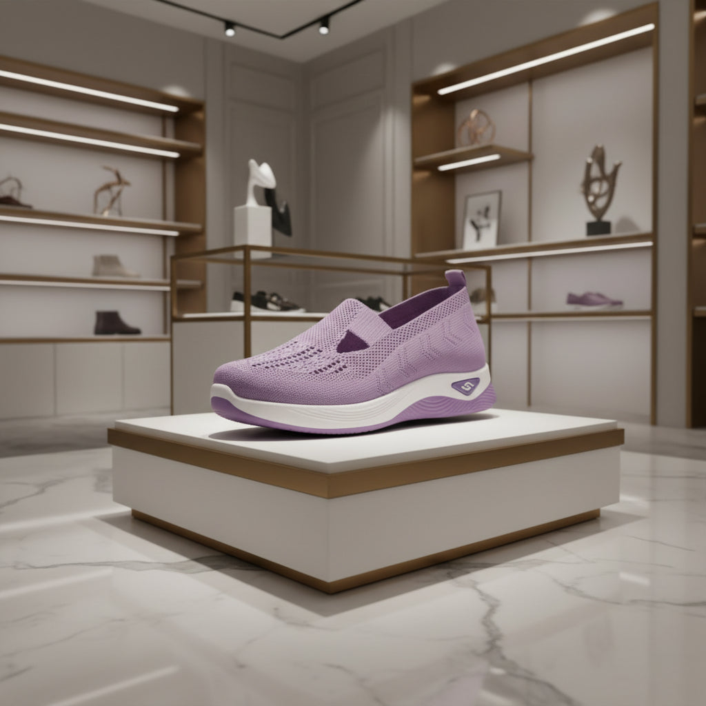 Détail du mesh aéré des sneakers femme, matière respirante et légère.violet claire
