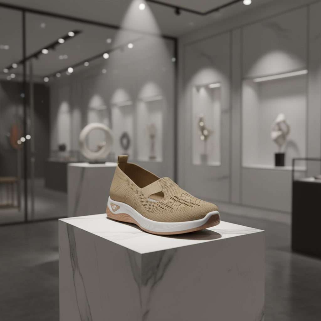 Détail du mesh aéré des sneakers femme, matière respirante et légère.khaki