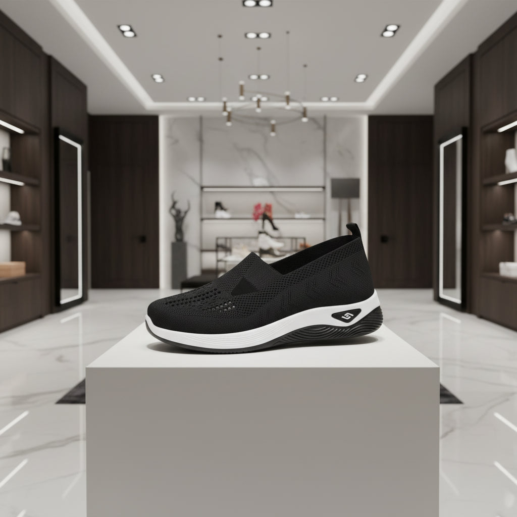 Détail du mesh aéré des sneakers femme, matière respirante et légère.noir