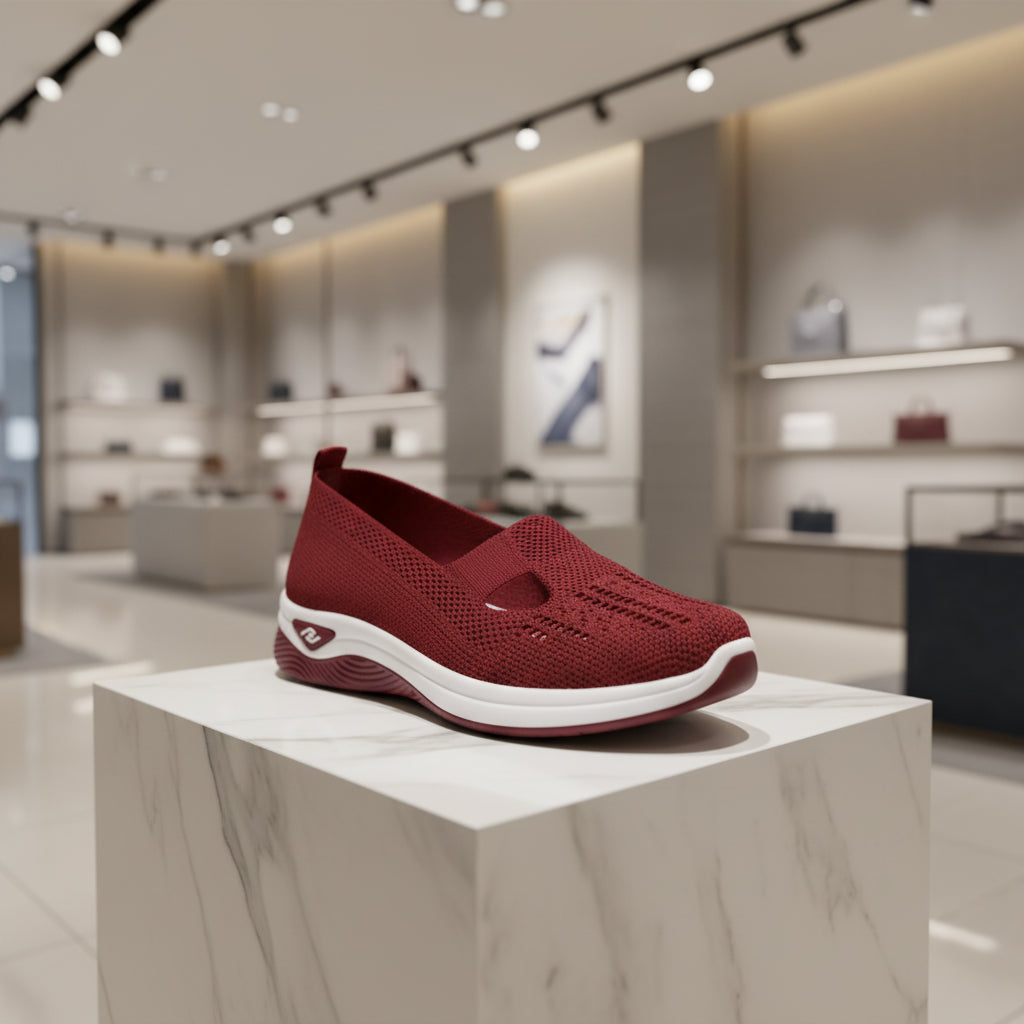 Détail du mesh aéré des sneakers femme, matière respirante et légère.rouge