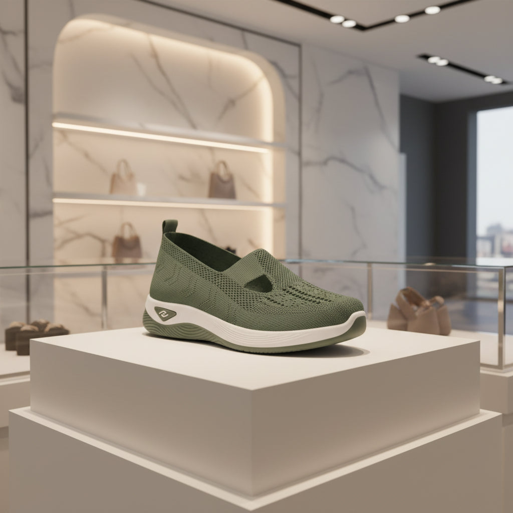 Détail du mesh aéré des sneakers femme, matière respirante et légère.vert