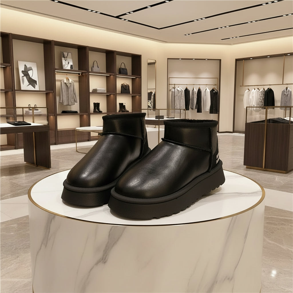 Vue de face des bottes d’hiver femme confortables, design élégant avec talon moyen.cuir