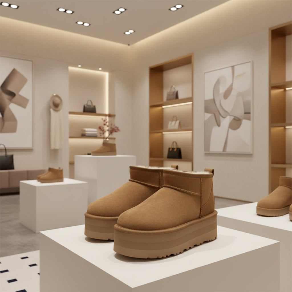 Bottes d’hiver femme en cuir de mouton, modèle ultra mini avec plateforme 5 cm, chaudes et fourrées en laine naturelle.brun