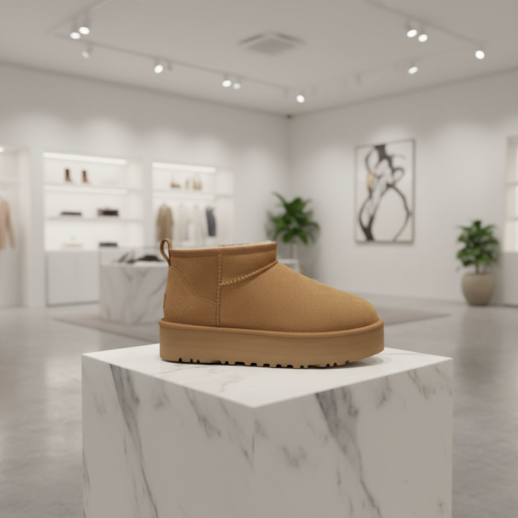 Bottes d’hiver femme en cuir de mouton, modèle ultra mini avec plateforme 5 cm, chaudes et fourrées en laine naturelle.Marron