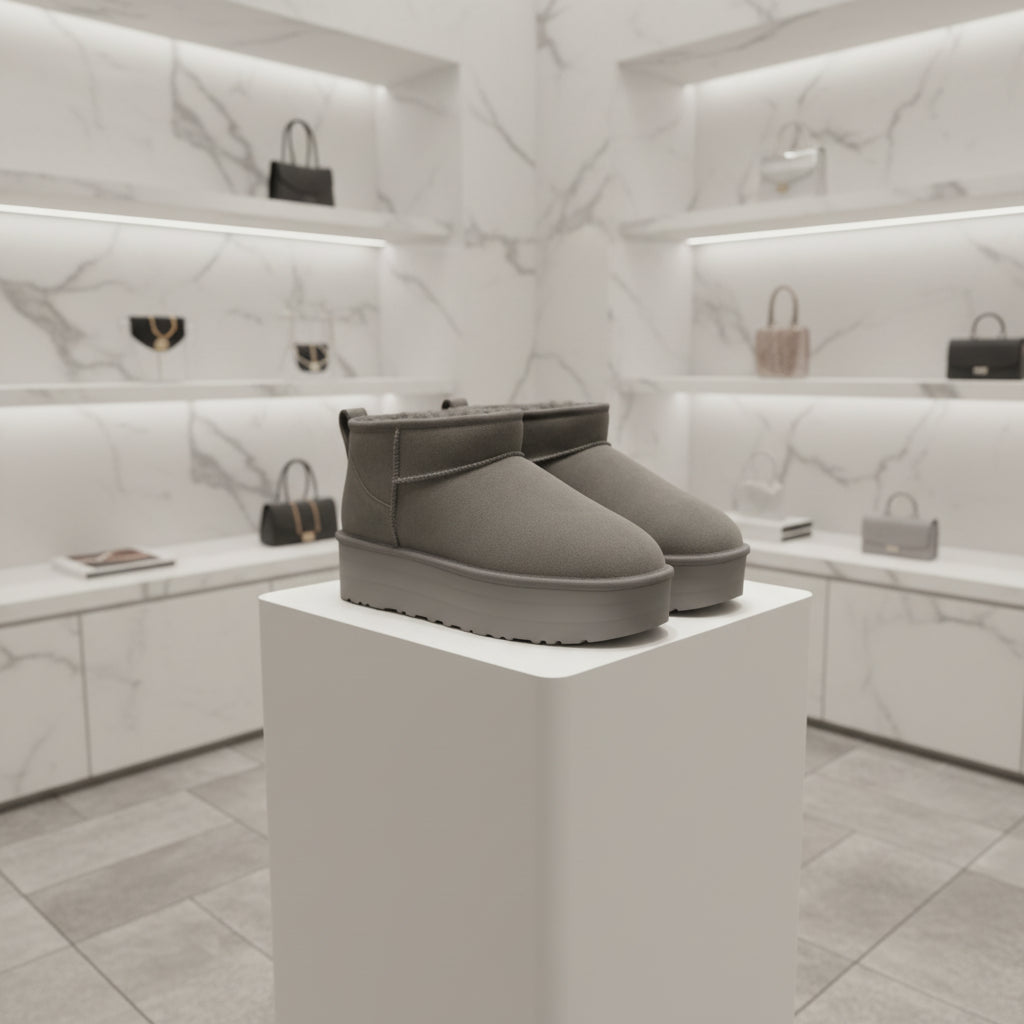 Bottes d’hiver femme en cuir de mouton, modèle ultra mini avec plateforme 5 cm, chaudes et fourrées en laine naturelle.gris