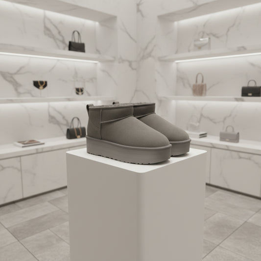 Bottes d’hiver femme en cuir de mouton, modèle ultra mini avec plateforme 5 cm, chaudes et fourrées en laine naturelle.gris