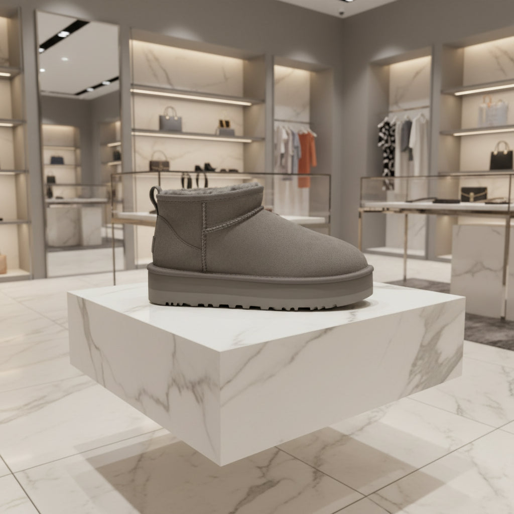 Bottes d’hiver femme en cuir de mouton, modèle ultra mini avec plateforme 5 cm, chaudes et fourrées en laine naturelle.gris 1