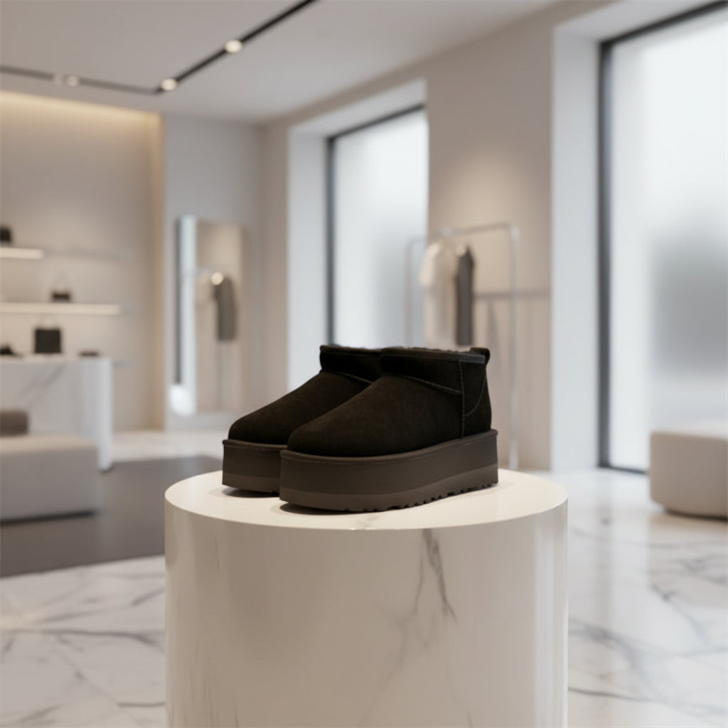 Bottes d’hiver femme en cuir de mouton, modèle ultra mini avec plateforme 5 cm, chaudes et fourrées en laine naturelle.noir