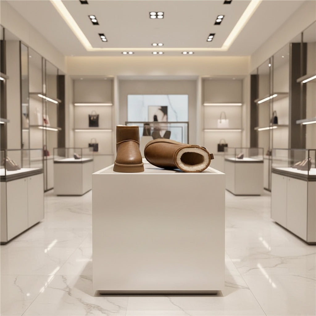 Détail de la matière chaude et confortable des bottes d’hiver femme.brun