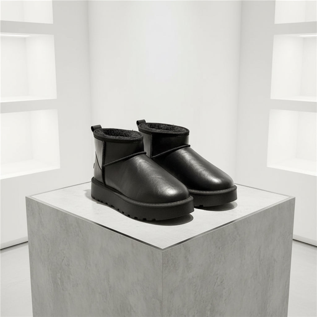 Détail de la matière chaude et confortable des bottes d’hiver femme.cuir 1