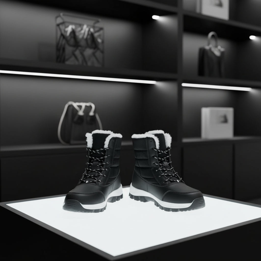 Zoom sur la plateforme antidérapante des bottes d’hiver femme, adhérence sécurisée sur sol froid.