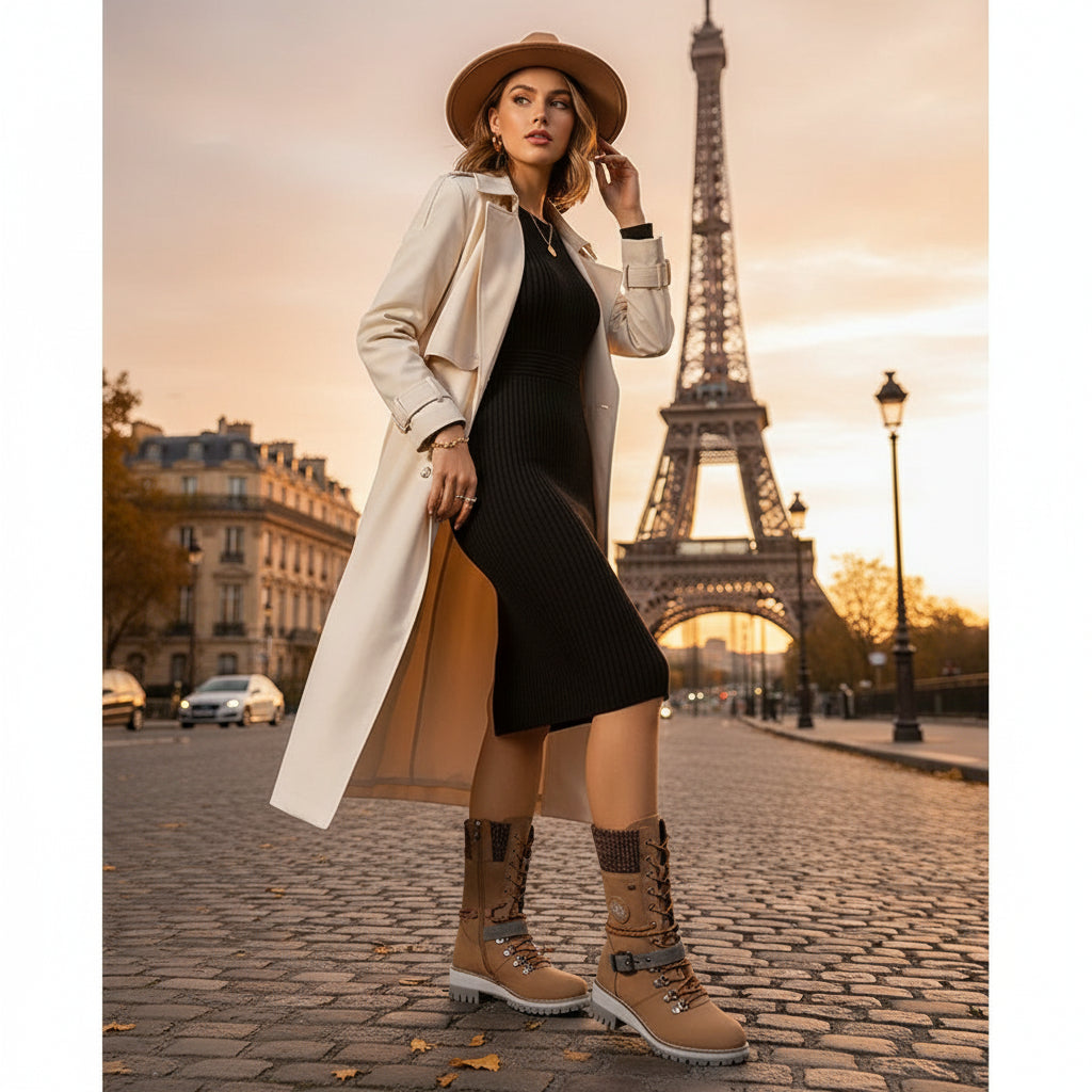 Bottes d’hiver femme doublées en fausse fourrure, semelle souple et talon épais, snow boots antidérapantes.Marron