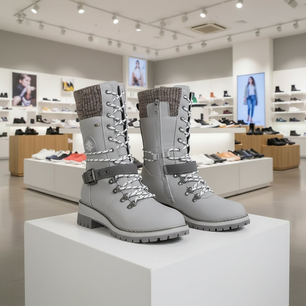 Bottes d’hiver femme doublées en fausse fourrure, semelle souple et talon épais, snow boots antidérapantes.gris