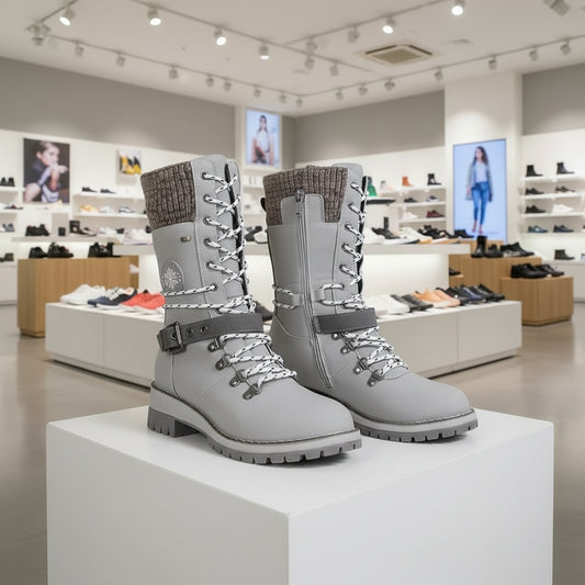 Bottes d’hiver femme doublées en fausse fourrure, semelle souple et talon épais, snow boots antidérapantes.gris