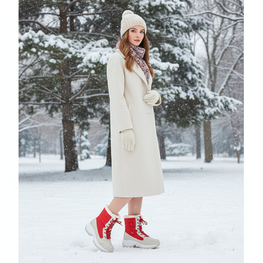 Bottes d’hiver femme montantes portées, chaussures outdoor chaudes et antidérapantes pour temps froid.