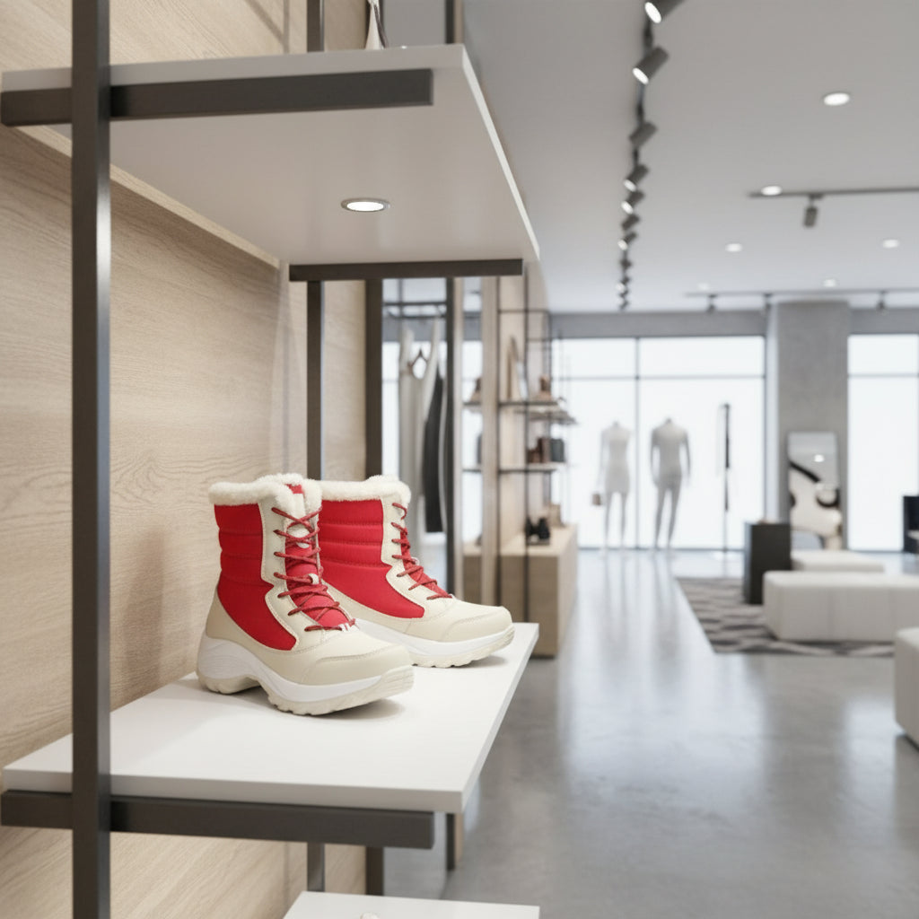 Vue de face des bottes d’hiver femme montantes, modèle chaud et confortable.Rouge